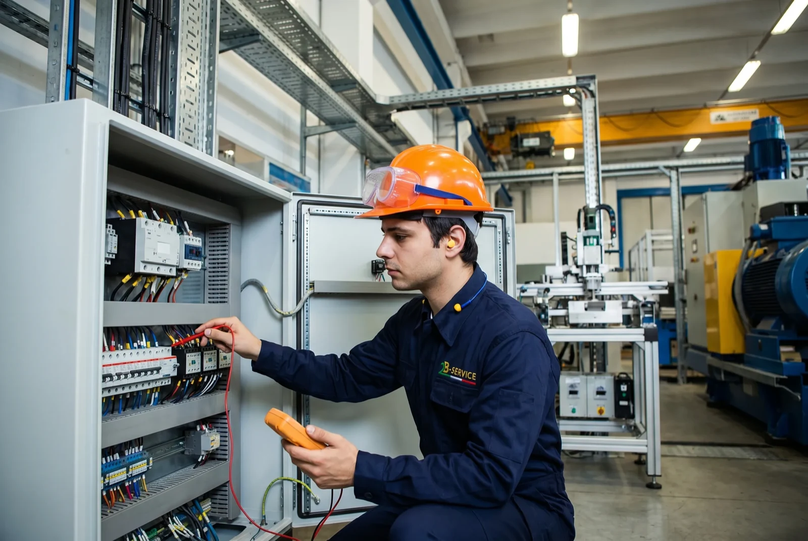 Tecnico 2B Service controlla un quadro elettrico in un capannone industriale