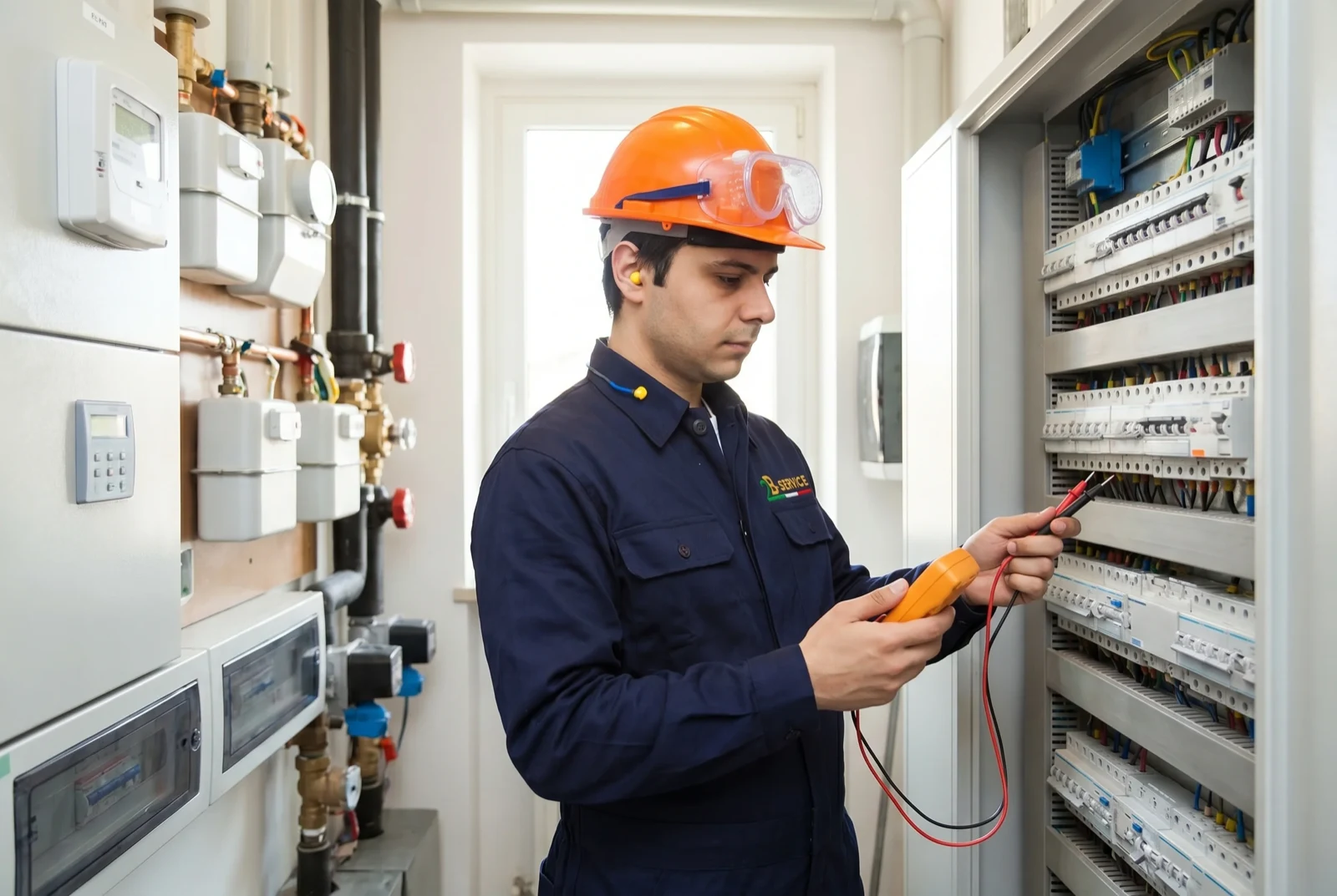 Tecnico 2B Service compila un report digitale davanti a un impianto di riscaldamento centralizzato