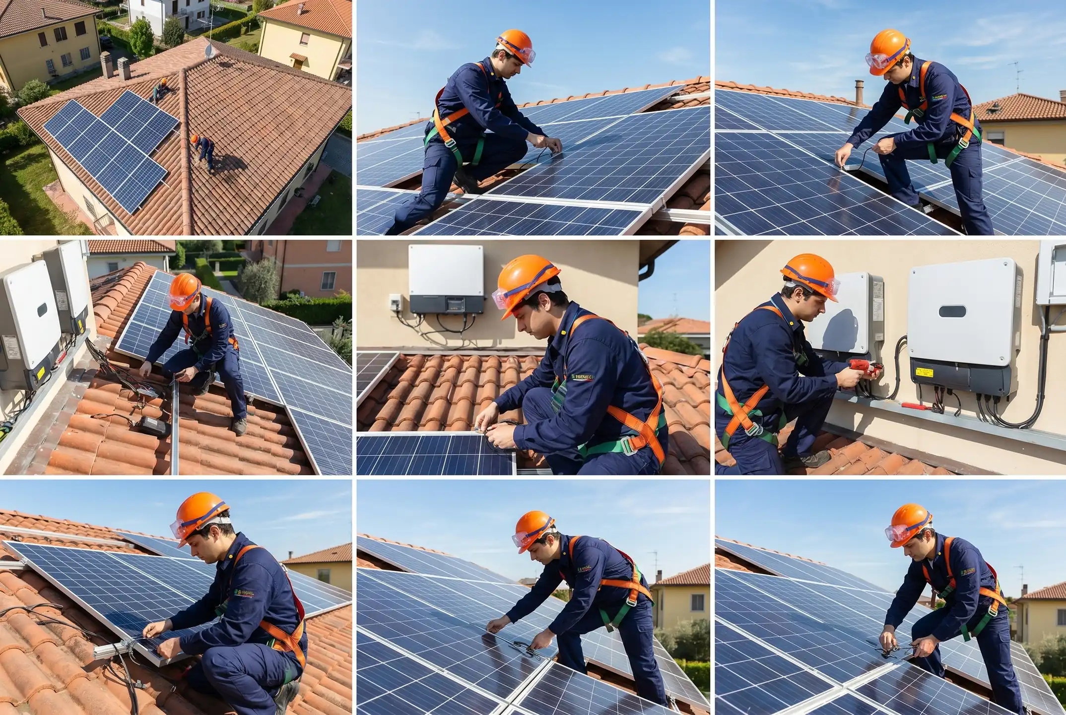 Collage di foto installazione pannelli fotovoltaici su tetto da parte dei tecnici 2B Service