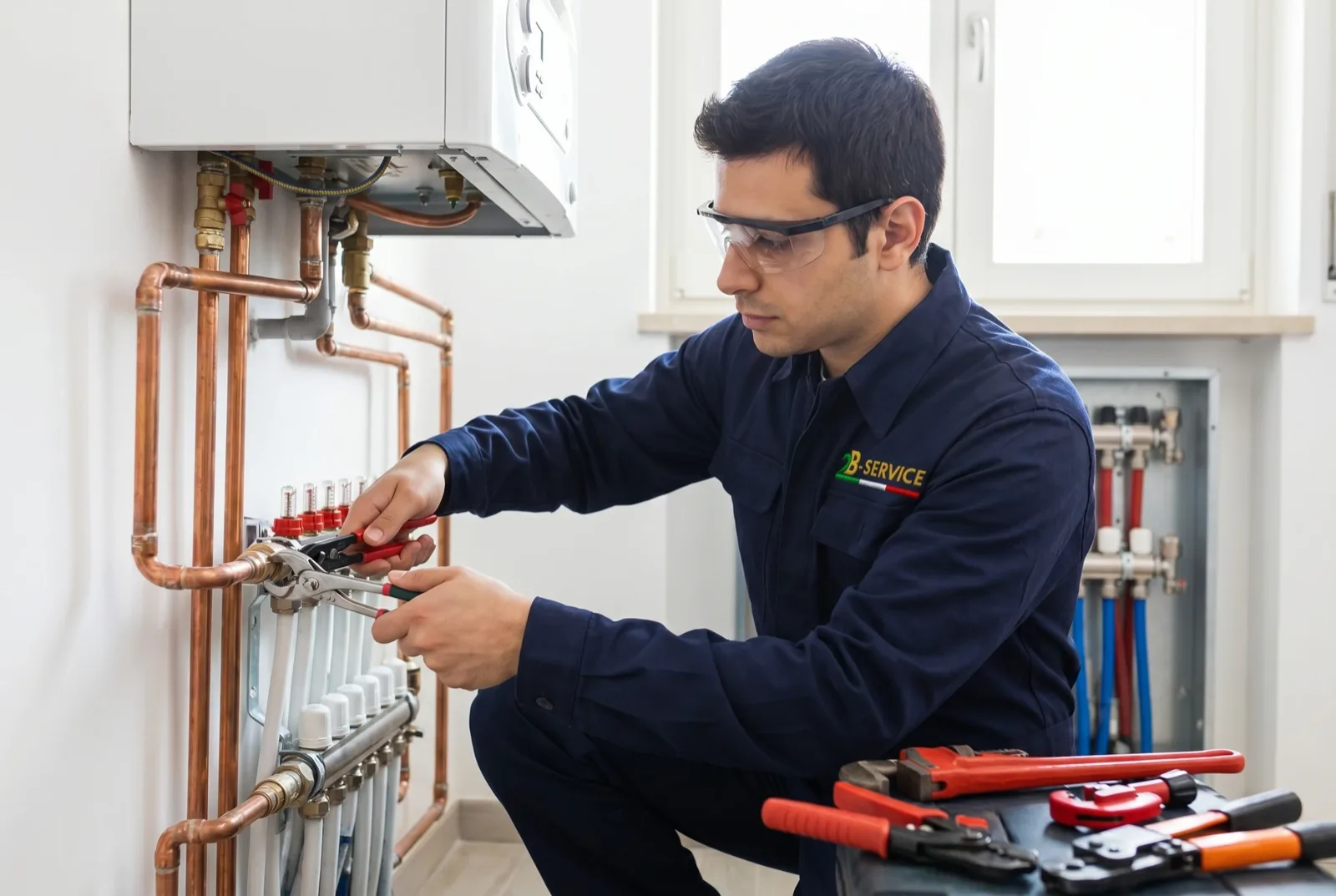 Idraulico 2B Service ripara il collettore idraulico vicino alla caldaia